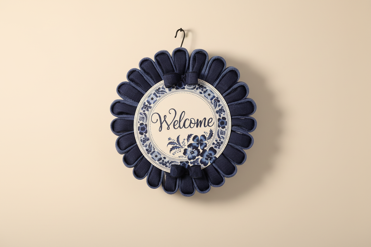 Navy Blue Welcome Wreath on soft cream background