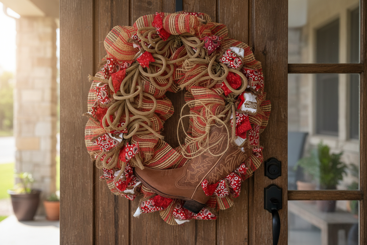 Cowboy boot western wreath with burlap mesh and red bandana ribbon hanging on a rustic front door