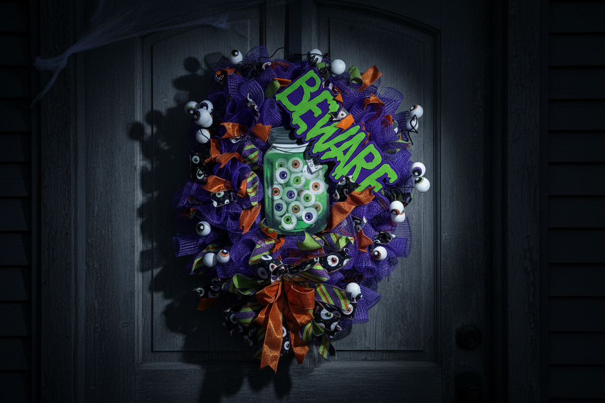 Beware eyeball Halloween wreath with purple mesh and orange ribbons hanging on a dark front door