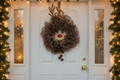 Rudolph Reindeer Wreath hanging on a white front door
