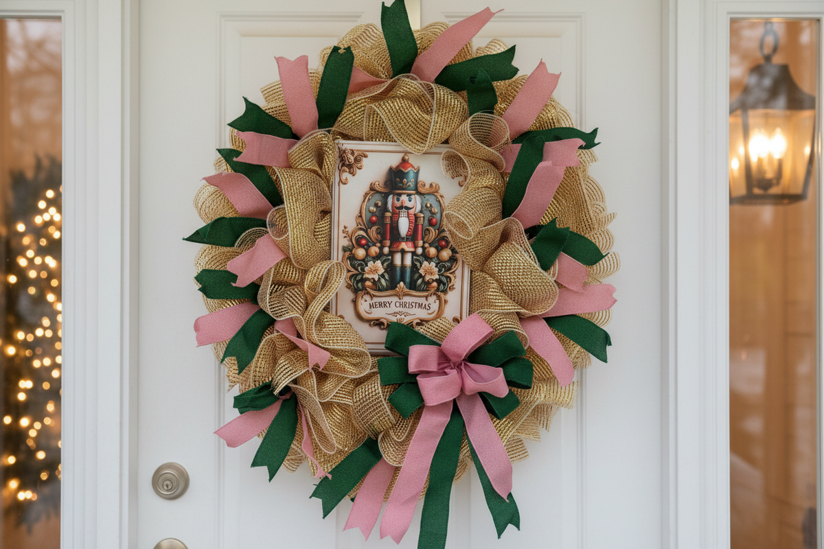 Nutcracker Merry Christmas gold mesh wreath with pink and green ribbons hanging on a white front door