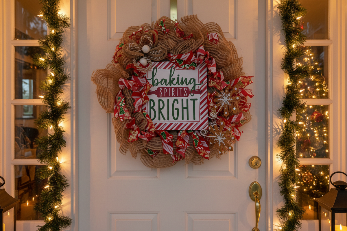 Baking Spirits Bright burlap Christmas wreath hanging on a white front door